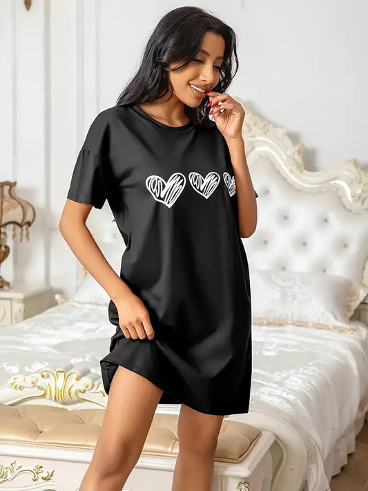 Black With White Heart Long Shirt For Women (RX-201)