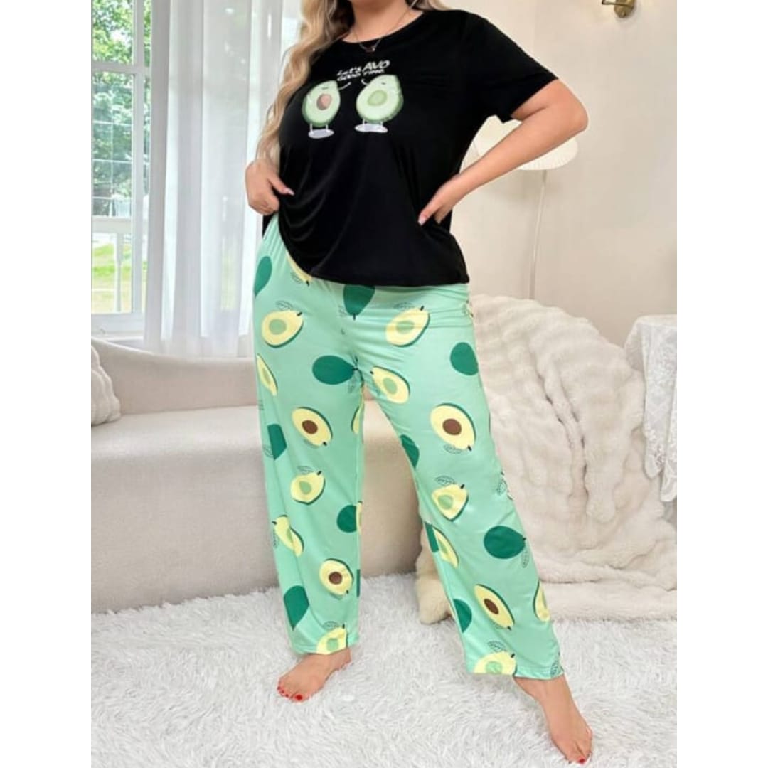 Black Avocado Print Half Sleeves T-shirt With green Avacado Print Pajama Suit (RX-218)