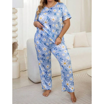 Blue Flowers Print Half Sleeves T-shirt With Flowers Print Pajama Suit (RX-219)