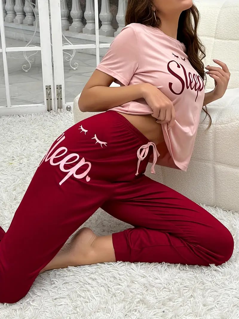 Pink Sleep Print half Sleeves T-shirt With Sleep Print Pajama Suit (RX-223)