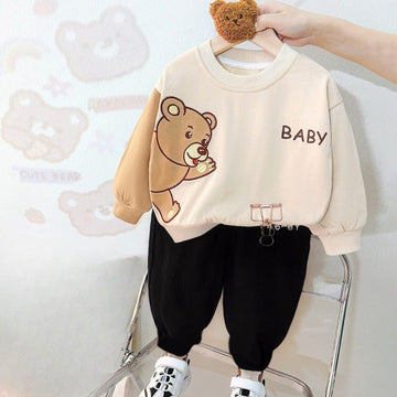 Offwhite Cute Bear Printed Sweatshirt with black trousers Kids track suit (RX-235)