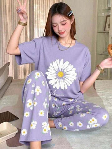 Lilac Sun Flowers Printed Half Sleeves Night Suit (RX-323)