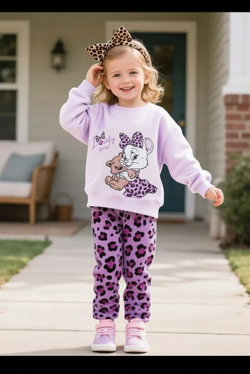 Lilac Lovely Girl Bow with Cheeta pajama Kids track suit (RX-338)