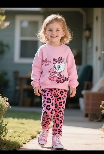 Pink Lovely Girl Bow with Cheeta pajama Kids track suit (RX-337)