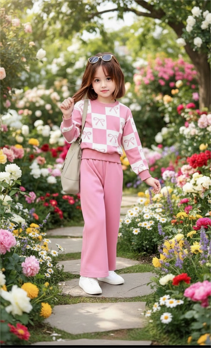 Pink Checkered Bow with Pink pajama Kids track suit (RX-348)