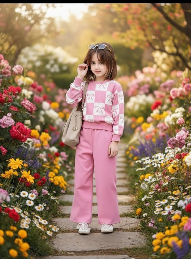 Pink Checkered Bow with Pink pajama Kids track suit (RX-348)