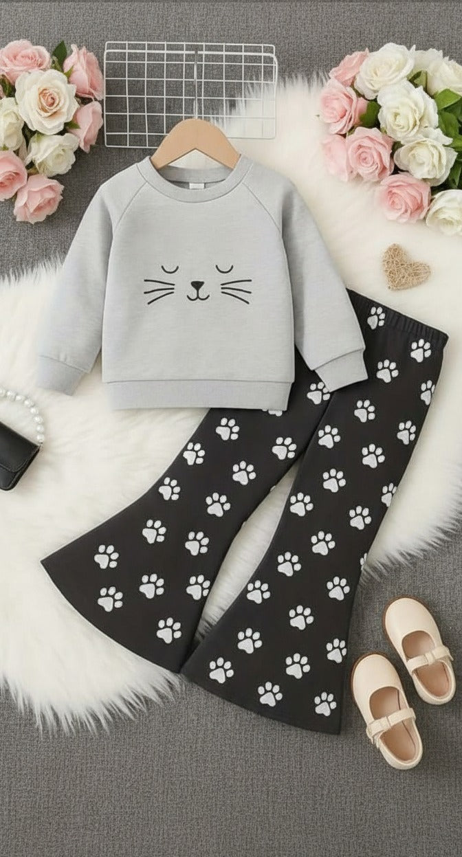 Grey Sleepy Cat with Foot Printed pajama Kids track suit (RX-345)