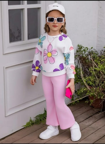 Off white Multi Big Flower Printed with Pink pajama Kids track suit (RX-343)