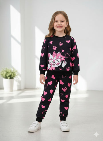Black Kitty Sweat shirt with pink Hearts pajama Kids track suit (RX-341)