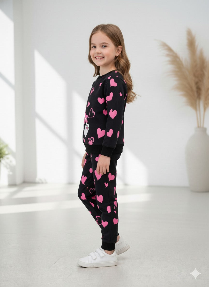 Black Kitty Sweat shirt with pink Hearts pajama Kids track suit (RX-341)