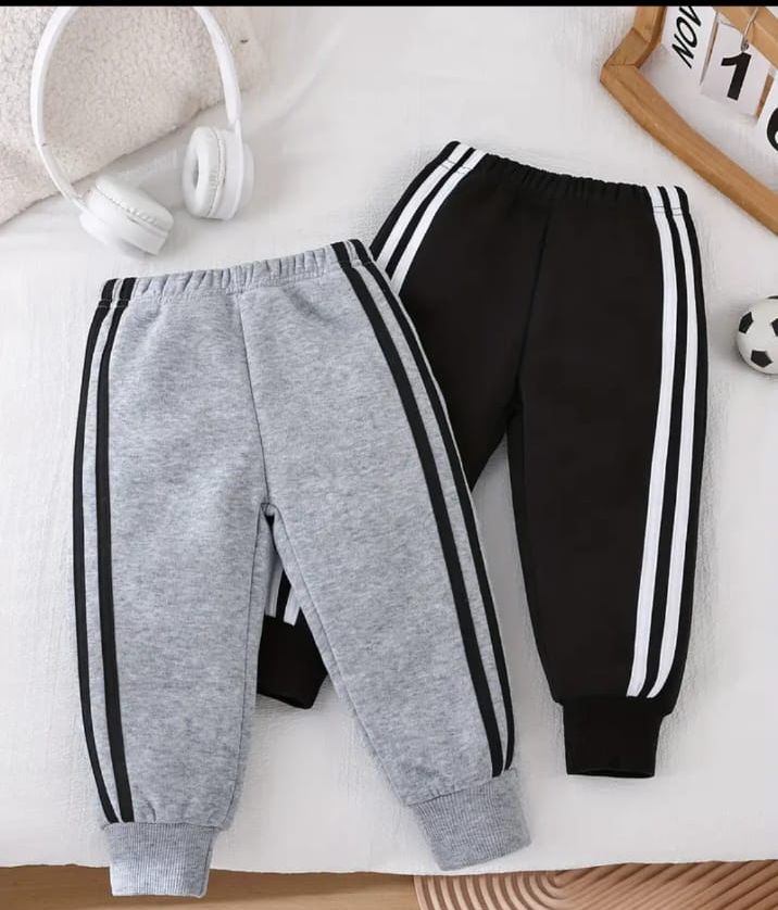 Pack of 2 White Stripes Fleece Trousers For Kids (RX-354) (Grey, Black)