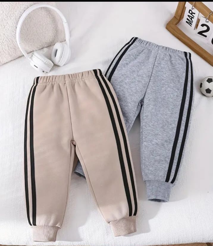 Pack of 2 White Stripes Fleece Trousers For Kids (RX-355) (Grey, Brown)