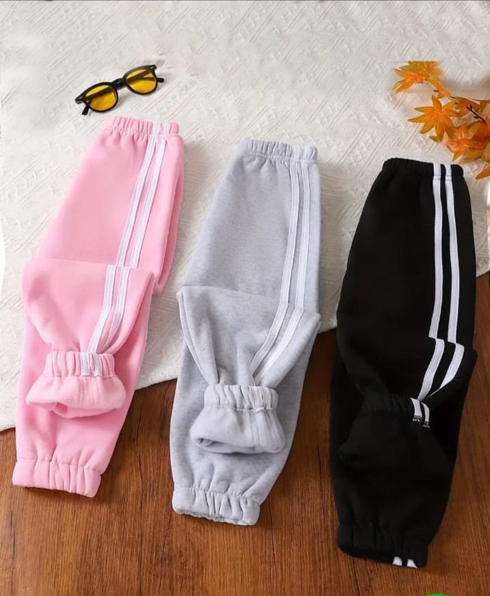 Pack of Three White Stripes Fleece Trousers For Kids (RX-352) (Black, Grey, Pink)