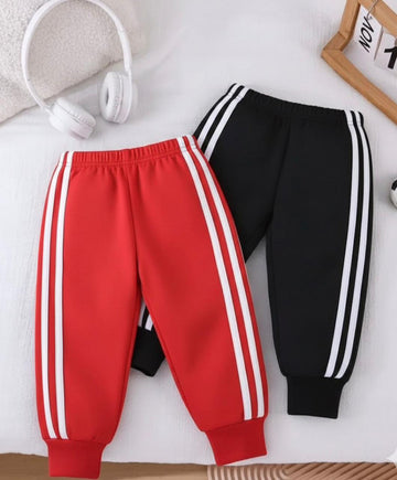 Pack of 2 White Stripes Fleece Trousers For Kids (RX-360) (Black, red)