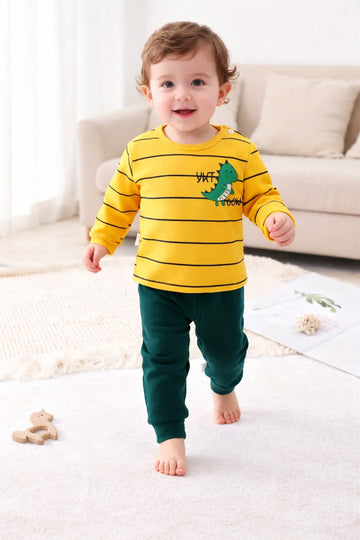 Yellow Lining Dinosuor printed T.shirt with green pajama kids night suit (RX-393)