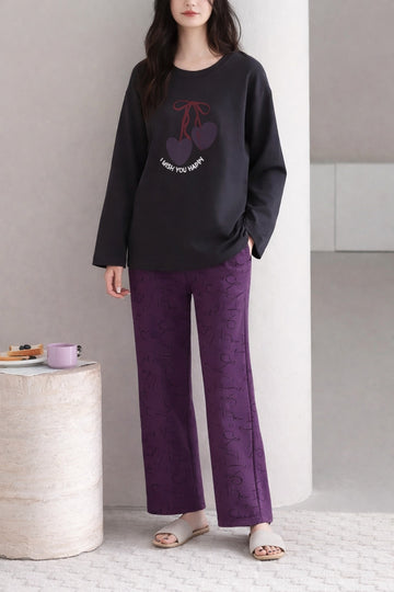 Black I Wish You Happy Printed With Purple Printed Pajama Full Sleeves Night Suit (RX-391)
