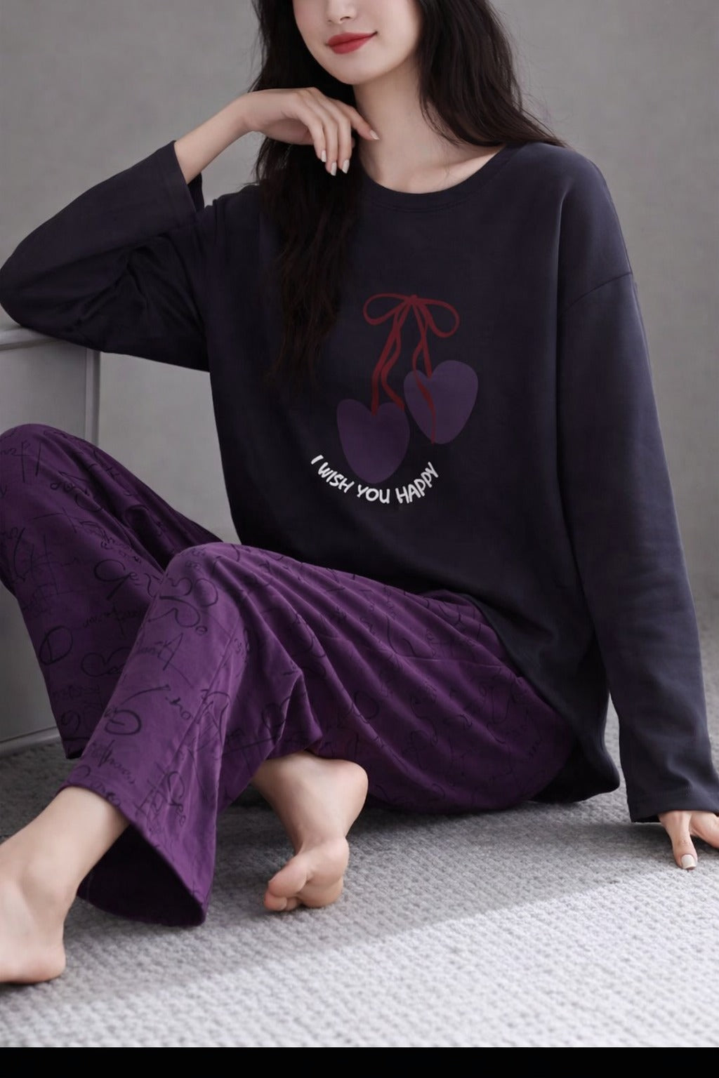 Black I Wish You Happy Printed With Purple Printed Pajama Full Sleeves Night Suit (RX-391)