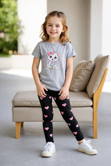 Grey Cute Cat printed T.shirt with black hearts printed pajama kids night suit (RX-392)