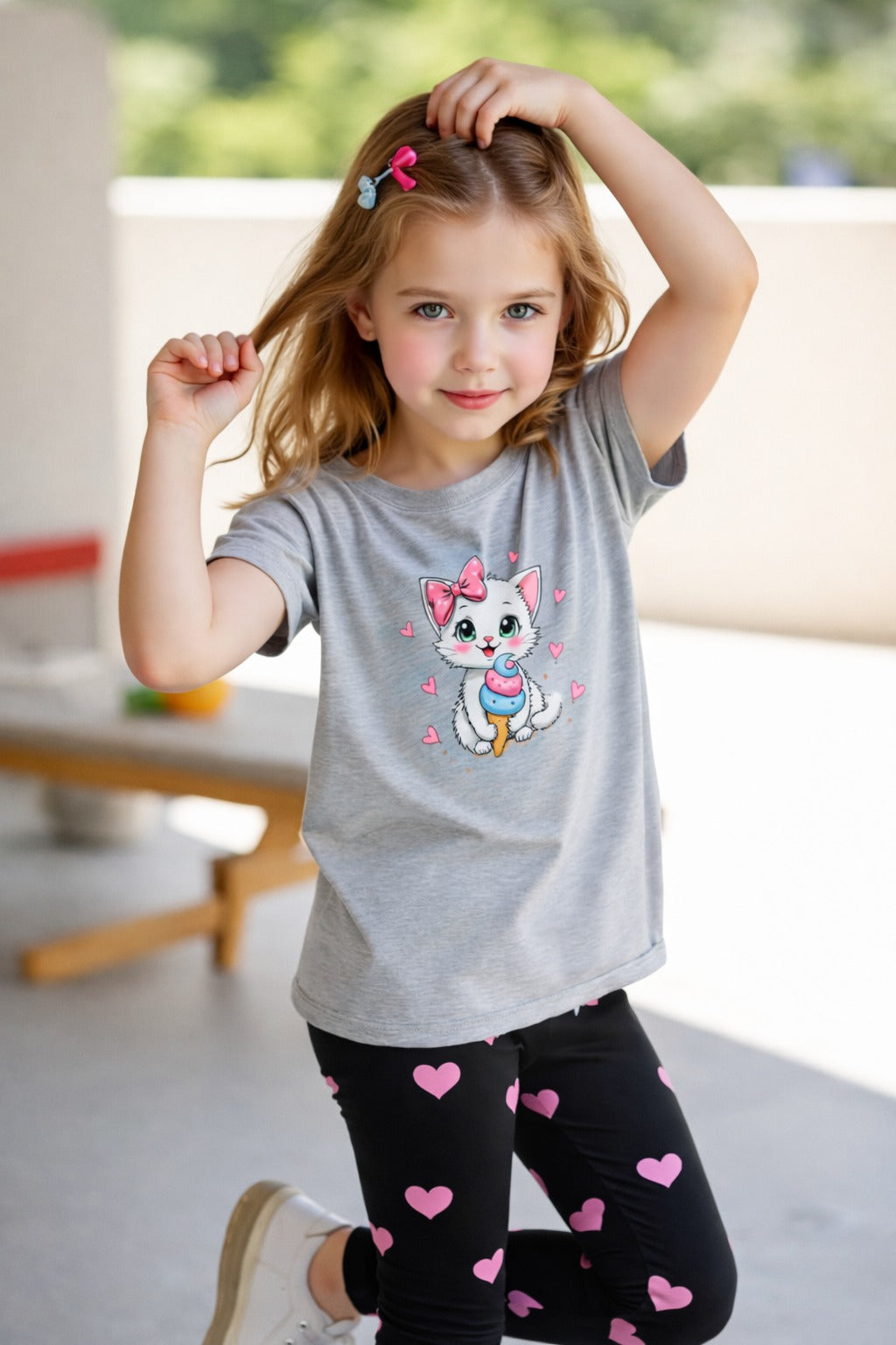 Grey Cute Cat printed T.shirt with black hearts printed pajama kids night suit (RX-392)