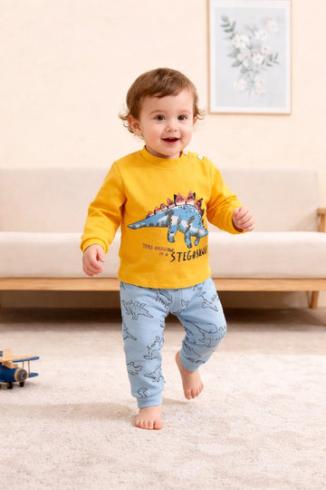 Yellow with Blue Dinosour Printed T shirt with multi dino trouser kids suit (RX-397)