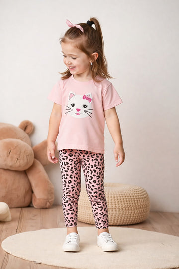 Baby pink kitty with bow printed T shirt with pink cheetha printed pajama kids Suit (RX-394)