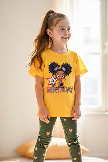 Yellow Its my Birthday Printed T shirt with Green Hearts Printed Pajama kids night suit (RX-395)