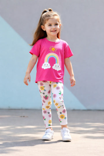 Shocking pink rainbow t shirt with multi flowers printed pajama kids night suit (RX-396)