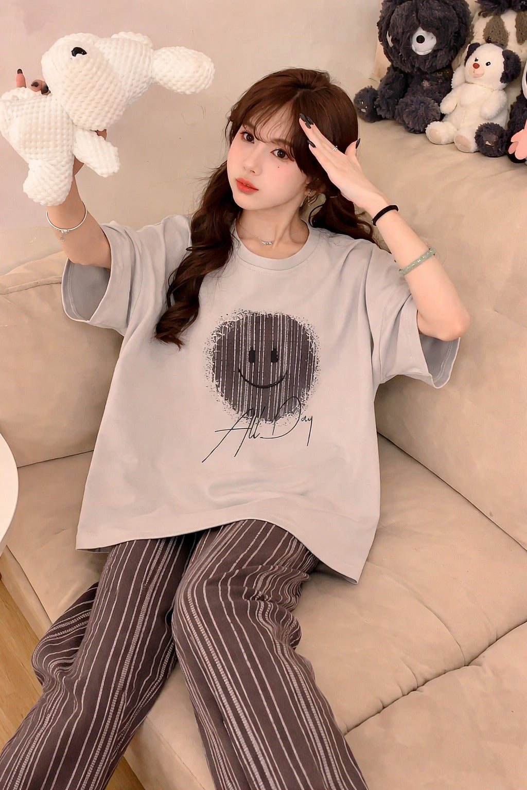Grey Smiley printed Half sleeves T Shirt with brown lining trousers night suit (RX-402)