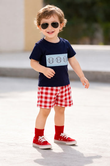 Navy blue 3 Baseball printed half sleeves with shorts kids suit (RX-405)
