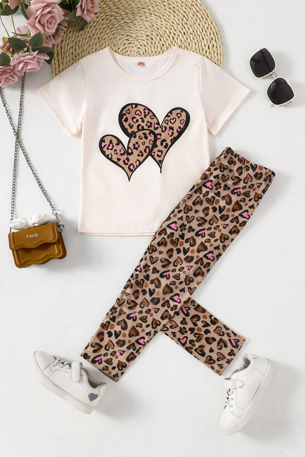Off white half sleeves Cheeta heart printed t shirt with cheeta pajama kids suit (RX-404)