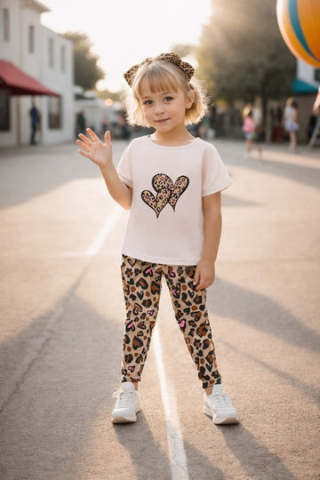Off white half sleeves Cheeta heart printed t shirt with cheeta pajama kids suit (RX-404)