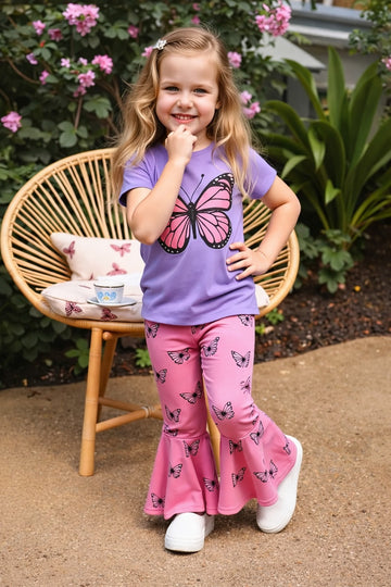 Purple Big butterfly printed half sleeves t shirt with butterfly printed pjs kids suit (RX-406)
