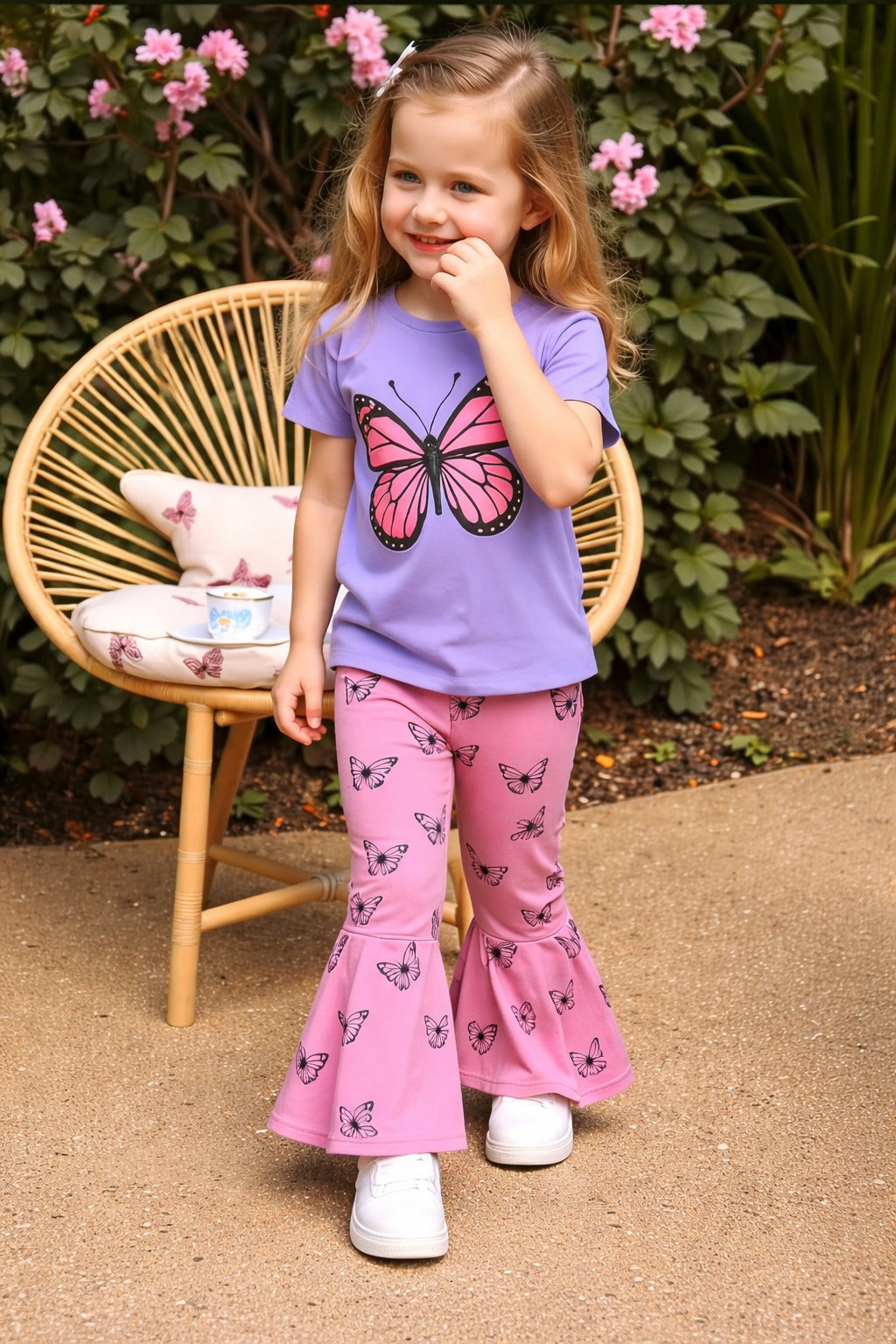 Purple Big butterfly printed half sleeves t shirt with butterfly printed pjs kids suit (RX-406)