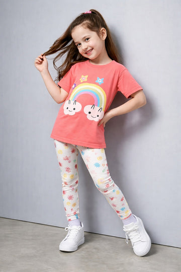 (NEW) pink rainbow t shirt with multi STARS printed pajama kids night suit (RX-413)