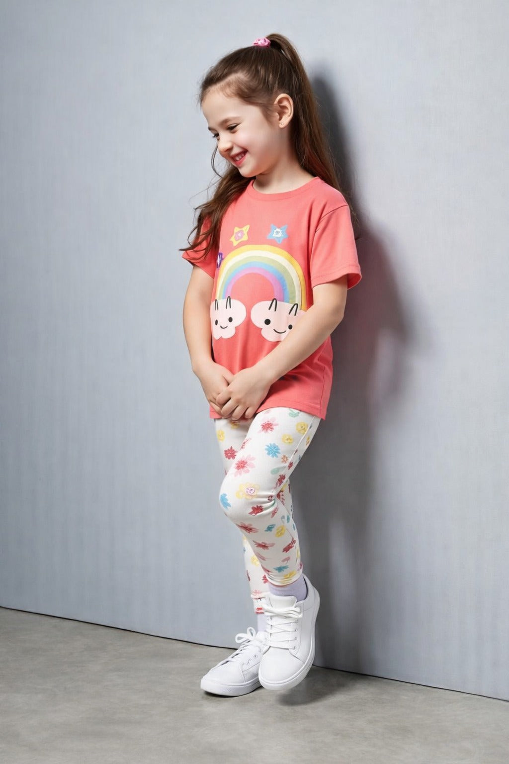 (NEW) pink rainbow t shirt with multi STARS printed pajama kids night suit (RX-413)