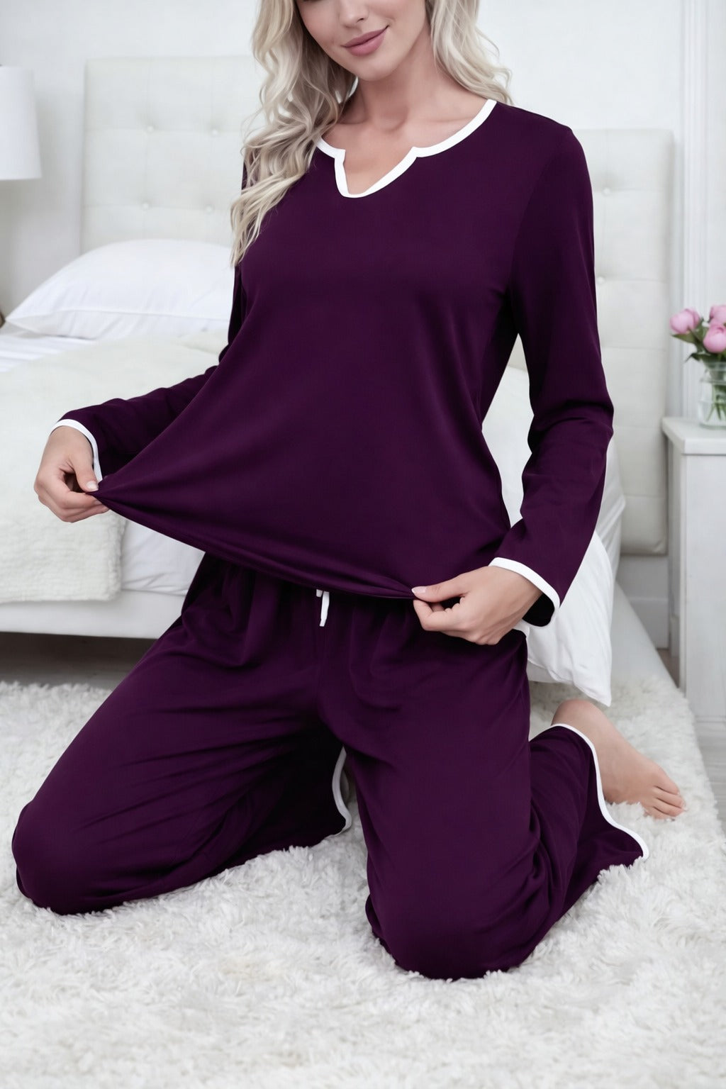 Dark purple With White pipen V neck night suit For Her (RX-420)