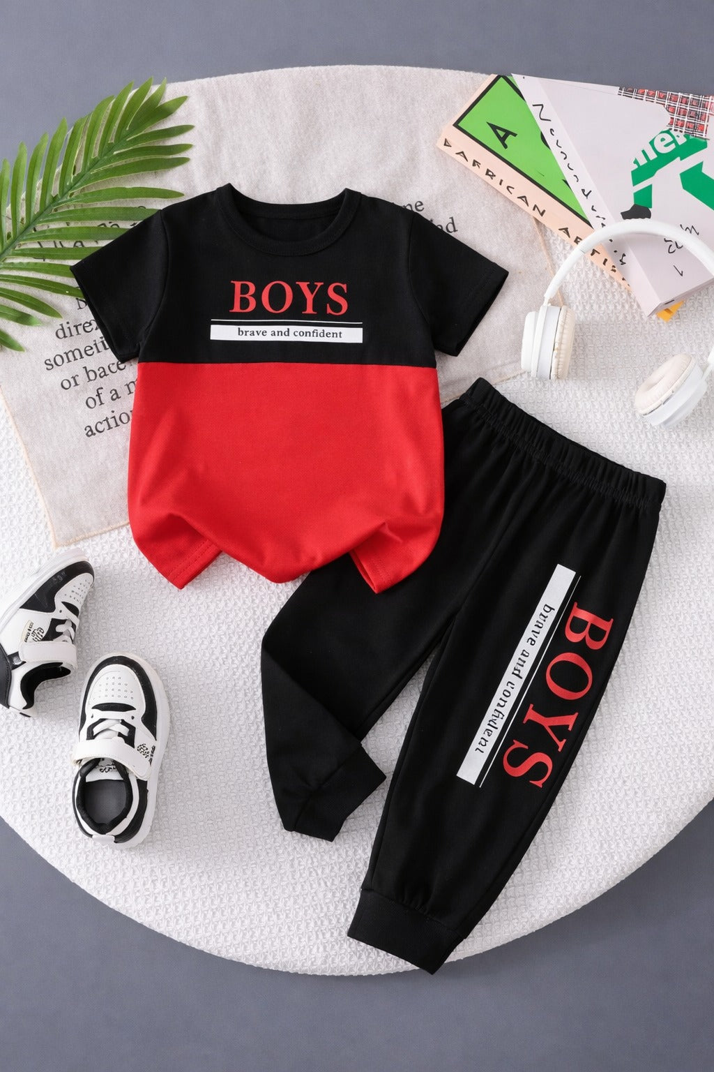 Black and red Boys brave and confident printed t shirt with printed pajama kids suit (RX-416)