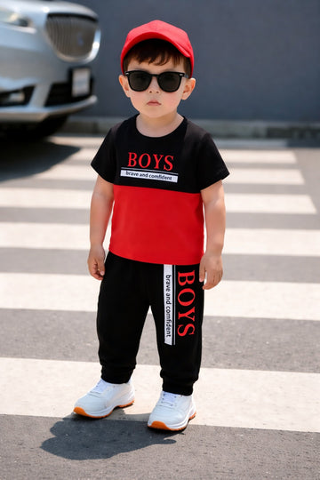 Black and red Boys brave and confident printed t shirt with printed pajama kids suit (RX-416)