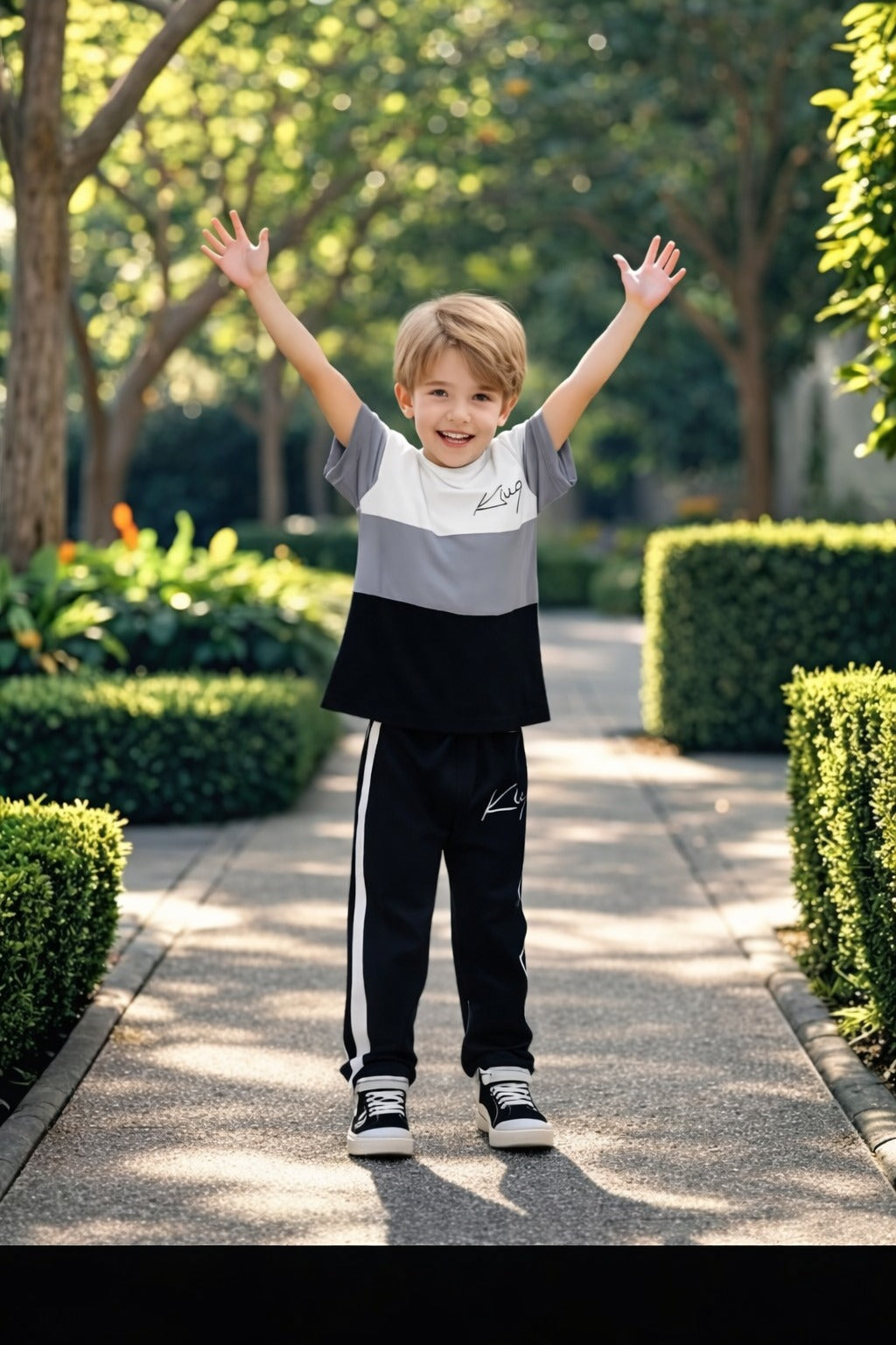 Black and Grey kivq printed half sleeves kids suit (RX-421)