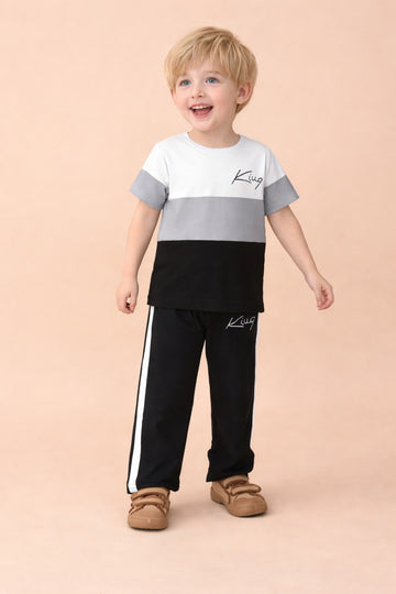 Black and Grey kivq printed half sleeves kids suit (RX-421)