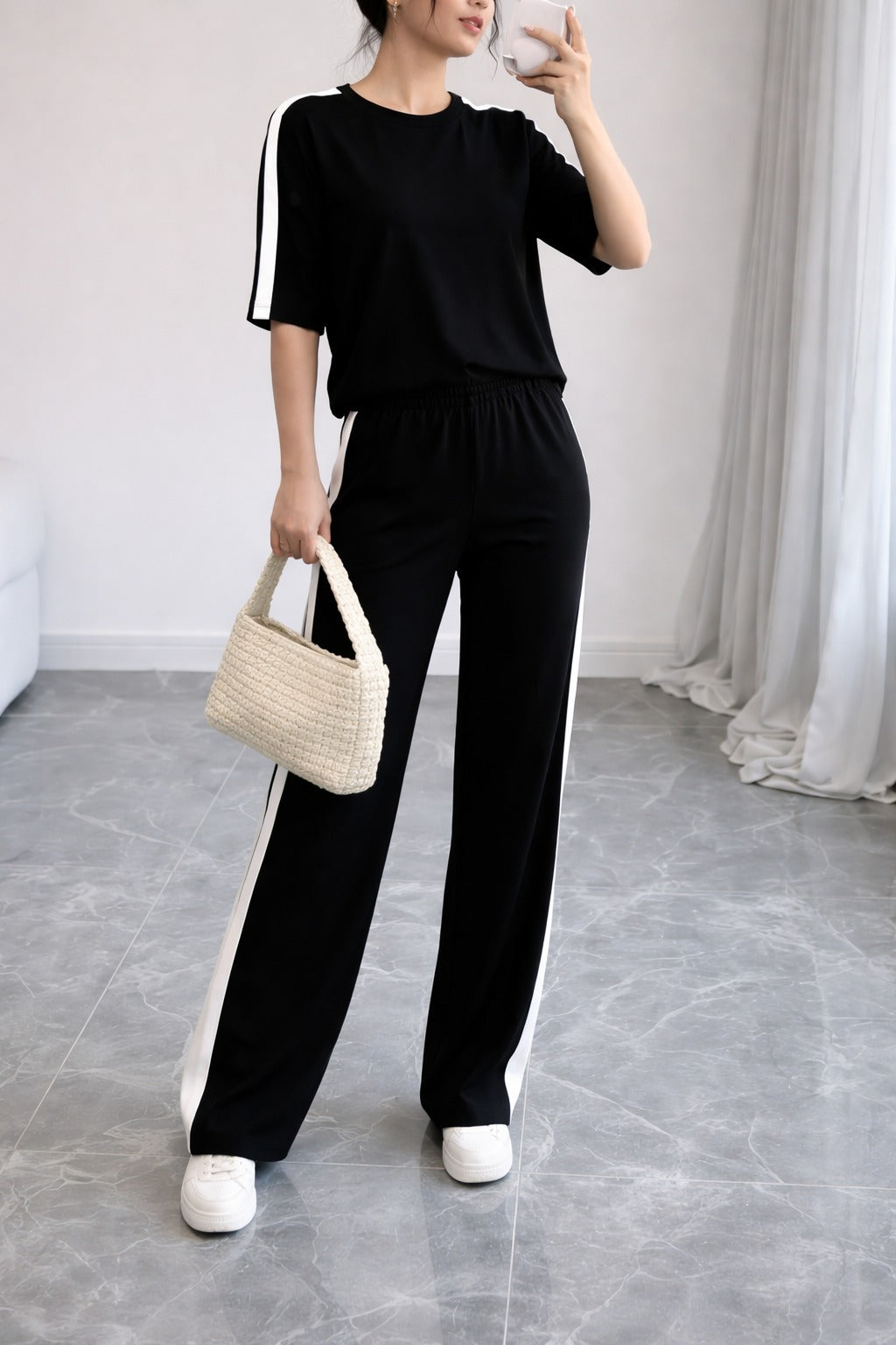 Black with white Half sleeves panel T shirt with white panel trousers For her (RX-422)
