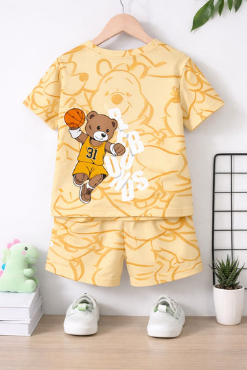Yellow bear with basket ball printed kids suit (RX-427)