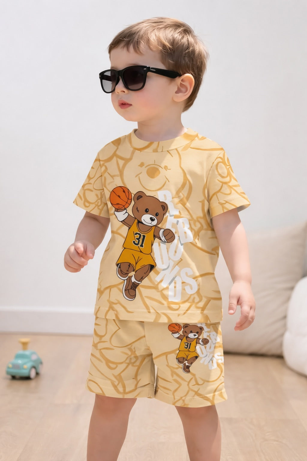 Yellow bear with basket ball printed kids suit (RX-427)