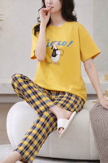 Yellow Cute Duck Printed half sleeves t shirt with check pajama night suit for her (RX-426)