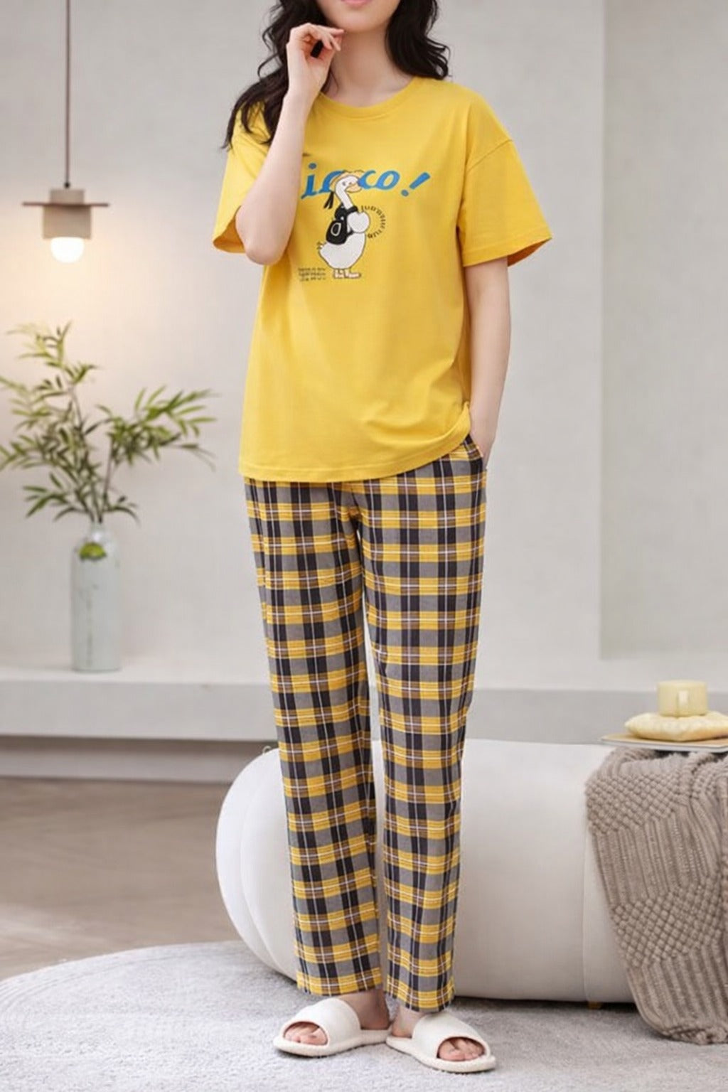 Yellow Cute Duck Printed half sleeves t shirt with check pajama night suit for her (RX-426)