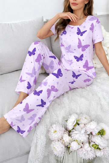 Purple All Over Butterflies Printed half sleeves night suit for her (RX-432)