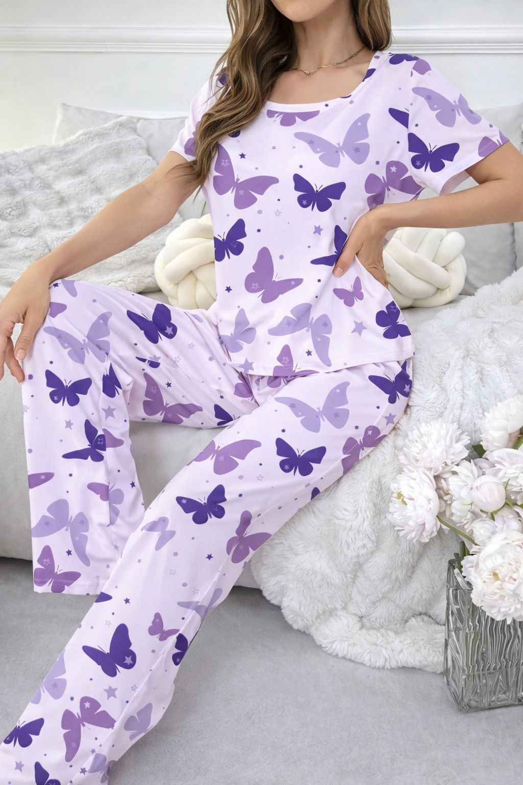 Purple All Over Butterflies Printed half sleeves night suit for her (RX-432)