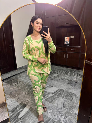 Off White With Green Hearts Printed 3 Piece Night Suit For Her (RX-434)