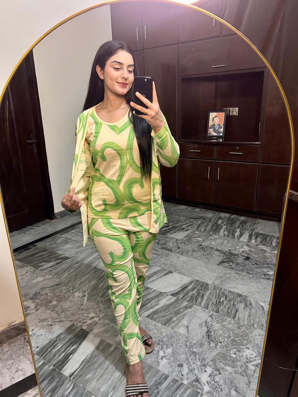 Off White With Green Hearts Printed 3 Piece Night Suit For Her (RX-434)