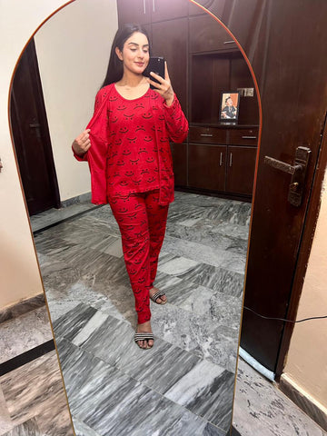 Red Smile Print 3 Piece Night Suit For Her (RX-435)